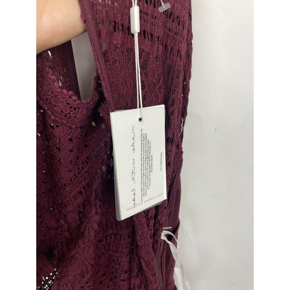 FOXIEDOX Burgundy Wine Lace Keyhole Back Stretch Ruffle Dress Women's Size S NEW - Picture 8 of 11
